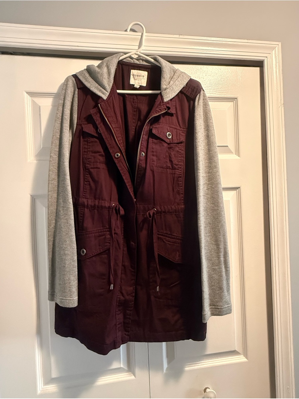 Torrid Maroon Body with Gray Hooded Sleeve Utility Jacket
